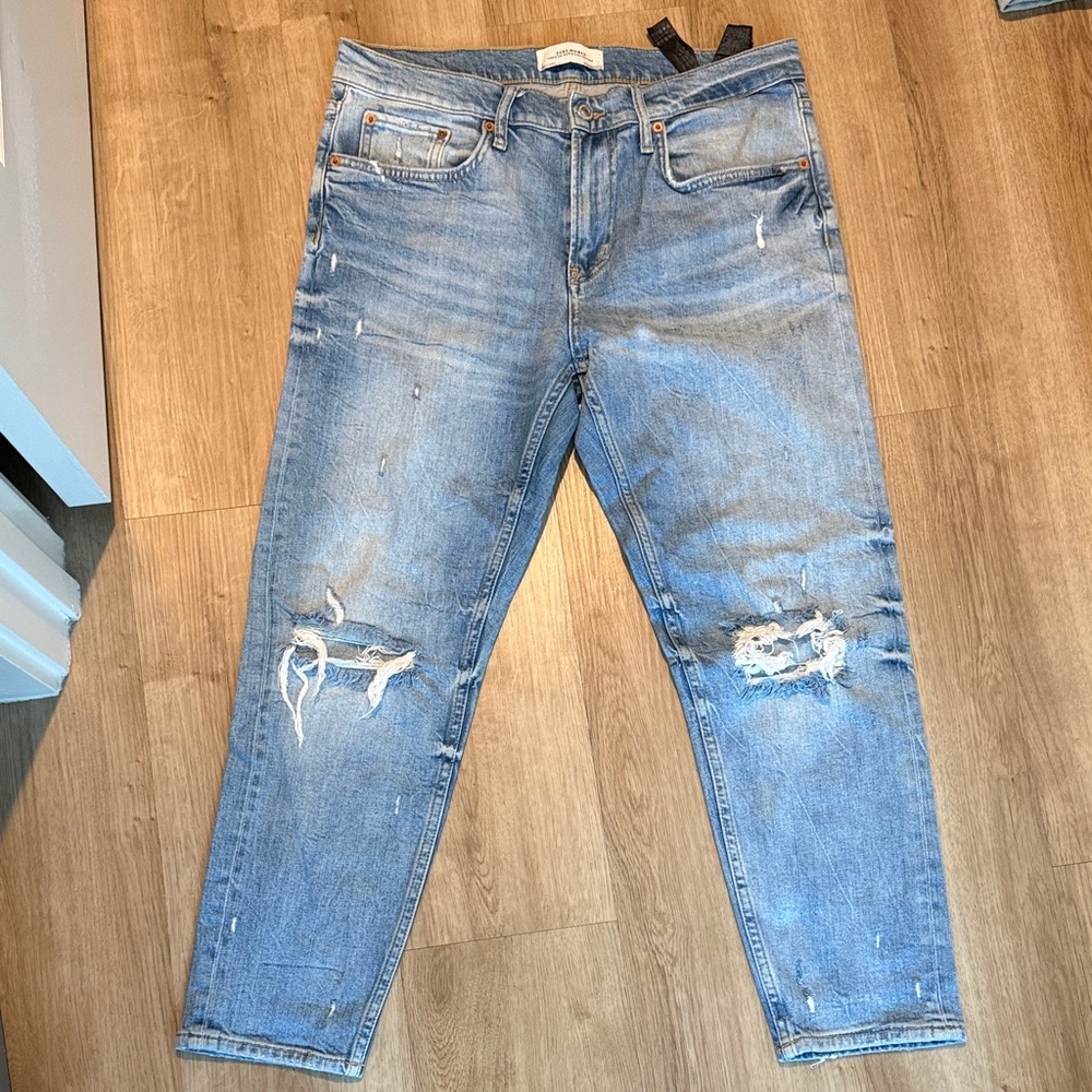 Zara Light Blue Distressed Slim Straight Jeans